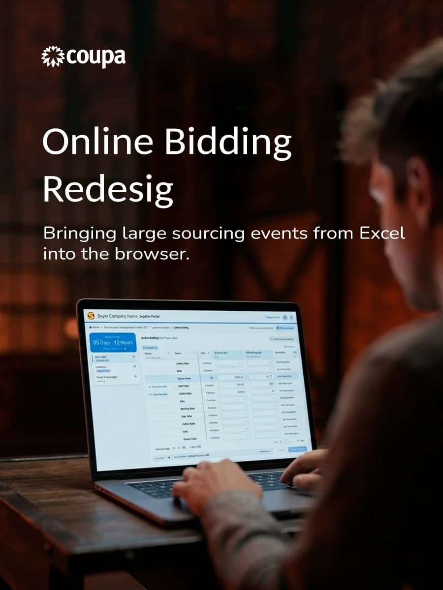 Online Bidding Redesign: a supplier bidding on a laptop showing the redesigned online bidding table