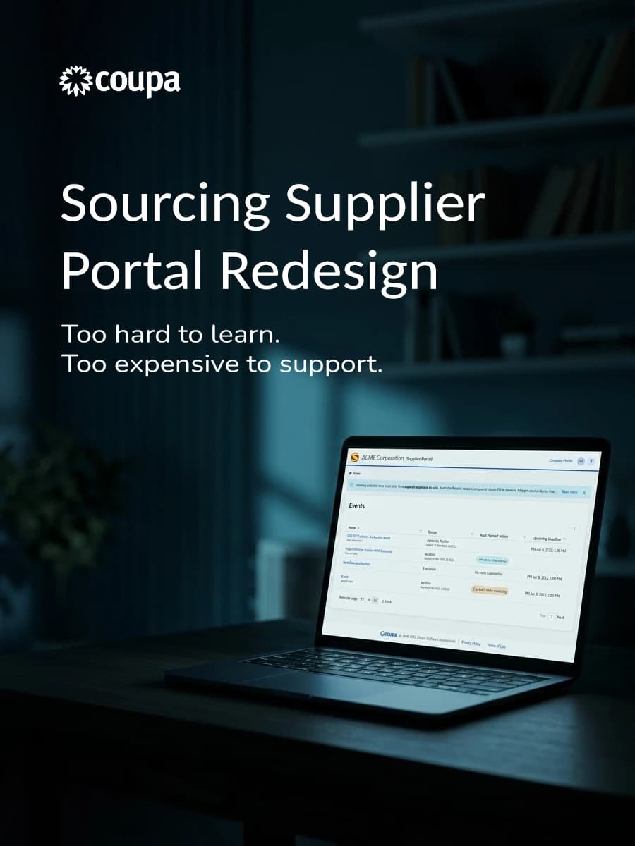 Sourcing Supplier Portal Redesign: a laptop on a desk in a dark room showing the redesigned Coupa supplier portal