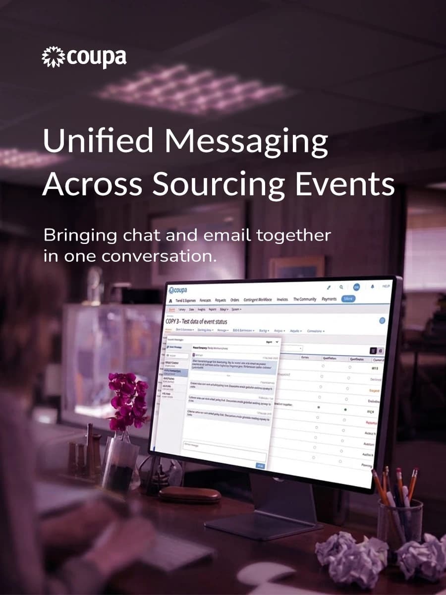 Unified Messaging Across Sourcing Events: an event's messages open on a desktop screen in a dim office
